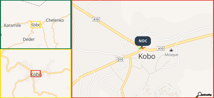 Map showing the address of NOC in three different zoom levels.