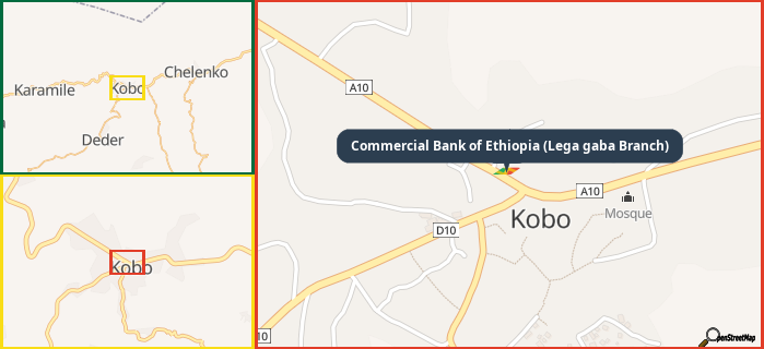 Map showing the address of Commercial Bank of Ethiopia (Lega gaba Branch) in three different zoom levels.