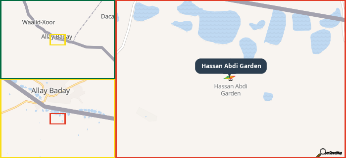 Map showing the address of Hassan Abdi Garden in three different zoom levels.