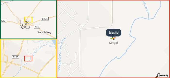 Map showing the address of Masjid in three different zoom levels.