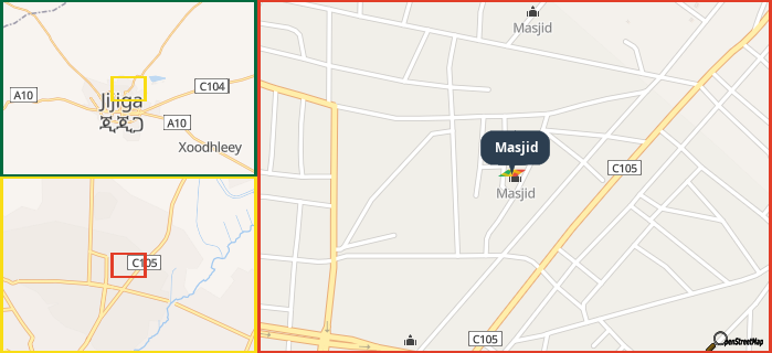 Map showing the address of Masjid in three different zoom levels.