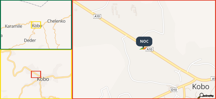 Map showing the address of NOC in three different zoom levels.