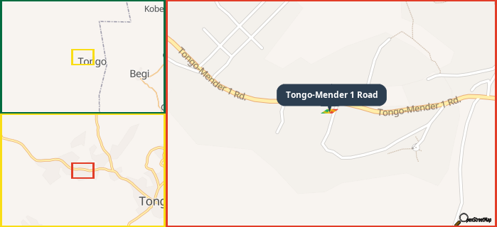 Map showing the address of Tongo-Mender 1 Road in three different zoom levels.