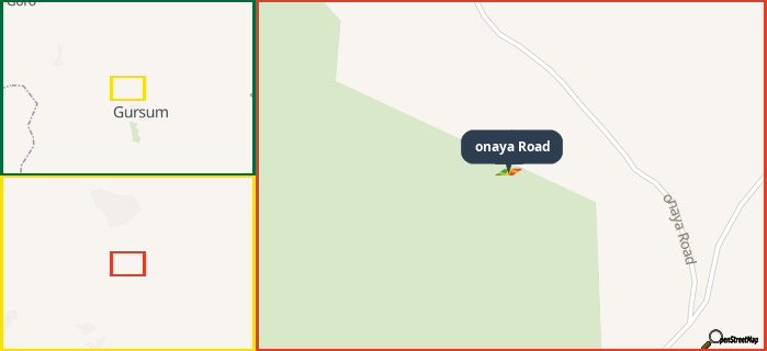 Map showing the address of onaya Road in three different zoom levels.