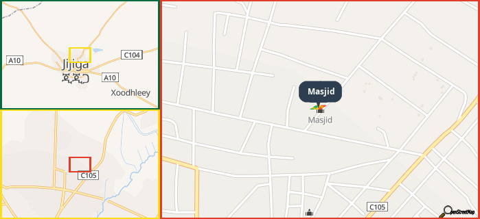Map showing the address of Masjid in three different zoom levels.