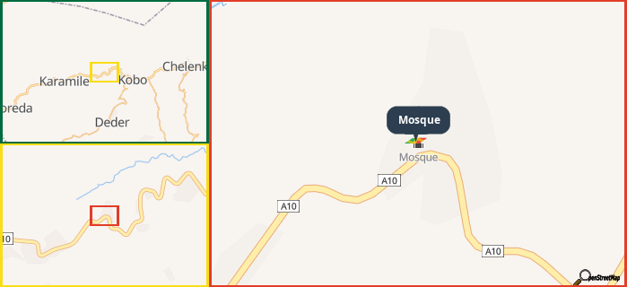 Map showing the address of Mosque in three different zoom levels.