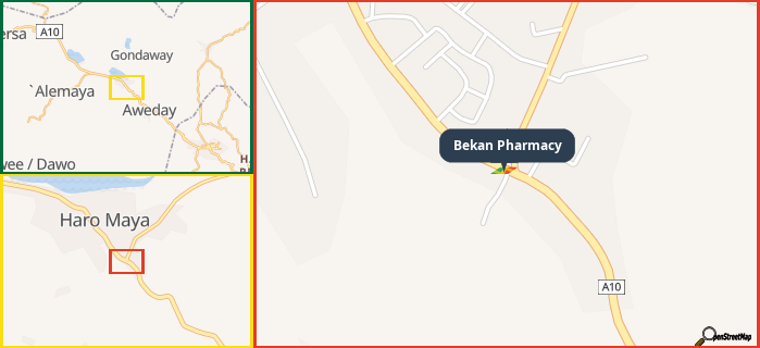 Map showing the address of Bekan Pharmacy in three different zoom levels.