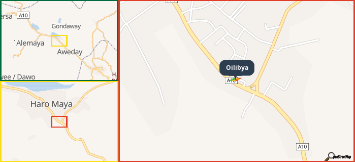 Map showing the address of Oilibya in three different zoom levels.