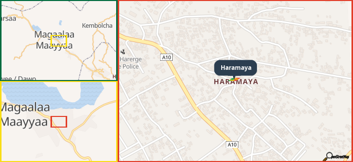 Map showing the address of Haramaya in three different zoom levels.