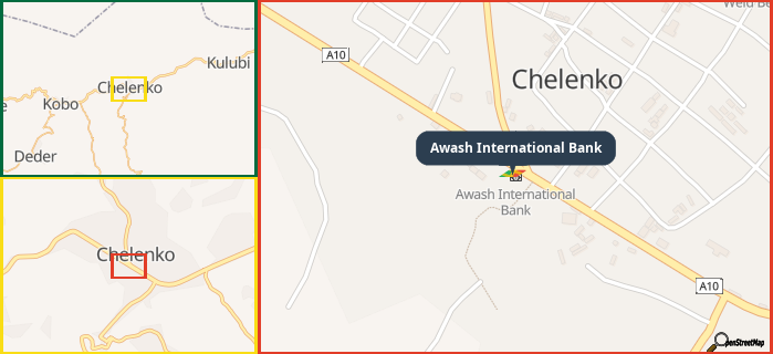 Map showing the address of Awash International Bank in three different zoom levels.