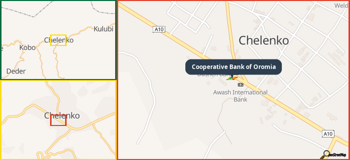 Map showing the address of Cooperative Bank of Oromia in three different zoom levels.
