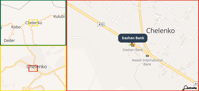 Map showing the address of Dashen Bank in three different zoom levels.