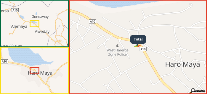 Map showing the address of Total in three different zoom levels.