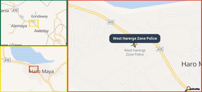 Map showing the address of West Harerge Zone Police in three different zoom levels.