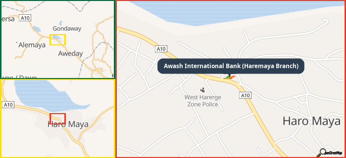 Map showing the address of Awash International Bank (Haremaya Branch) in three different zoom levels.