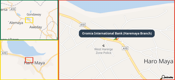 Map showing the address of Oromia International Bank (Haremaya Branch) in three different zoom levels.