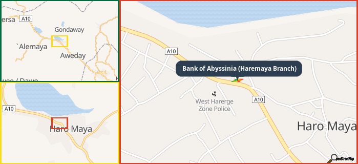 Map showing the address of Bank of Abyssinia (Haremaya Branch) in three different zoom levels.