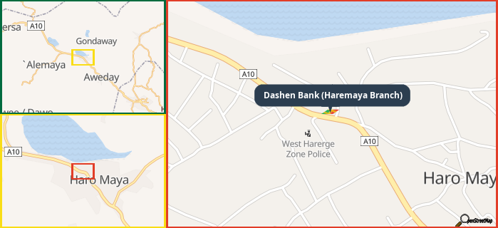 Map showing the address of Dashen Bank (Haremaya Branch) in three different zoom levels.