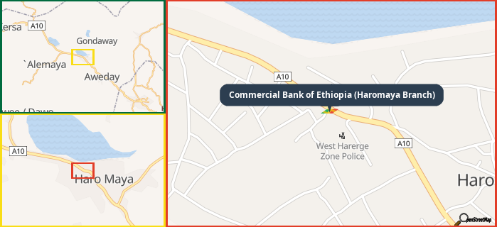 Map showing the address of Commercial Bank of Ethiopia (Haromaya Branch) in three different zoom levels.