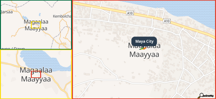 Map showing the address of Maya City in three different zoom levels.