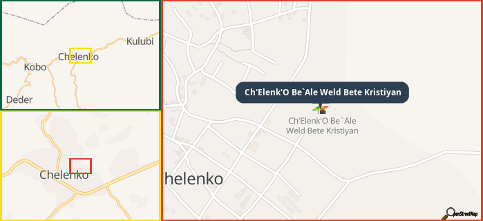 Map showing the address of Ch'Elenk'O Be`Ale Weld Bete Kristiyan in three different zoom levels.