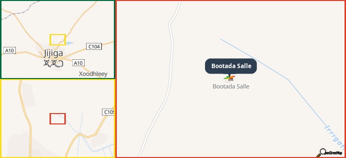 Map showing the address of Bootada Salle in three different zoom levels.
