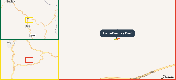 Map showing the address of Hena-Enemay Road in three different zoom levels.