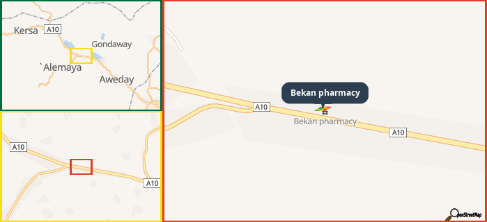 Map showing the address of Bekan pharmacy in three different zoom levels.