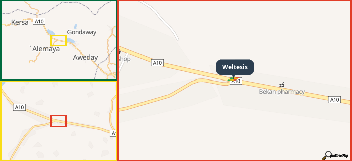 Map showing the address of Weltesis in three different zoom levels.