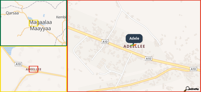 Map showing the address of Adele in three different zoom levels.