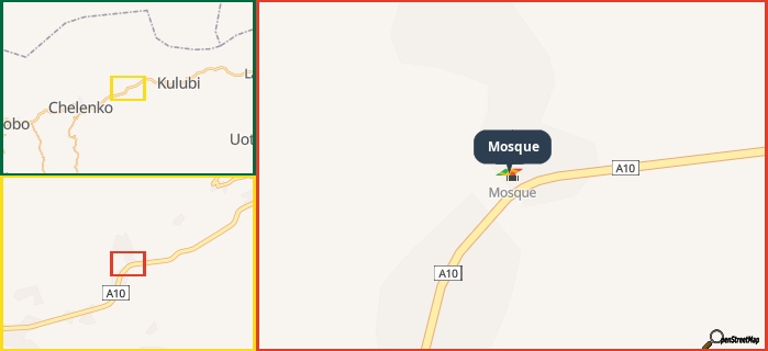 Map showing the address of Mosque in three different zoom levels.