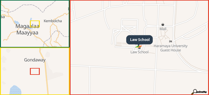 Map showing the address of Law School in three different zoom levels.