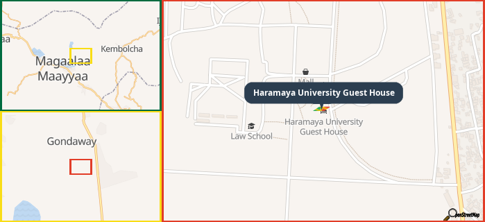 Map showing the address of Haramaya University Guest House in three different zoom levels.