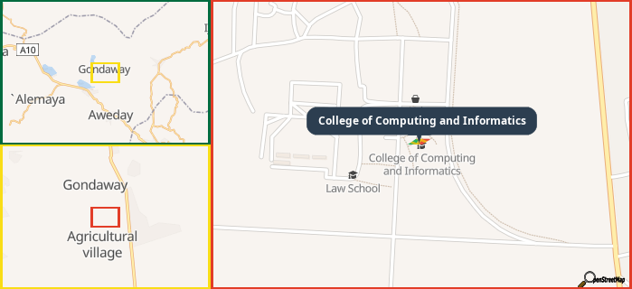 Map showing the address of College of Computing and Informatics in three different zoom levels.