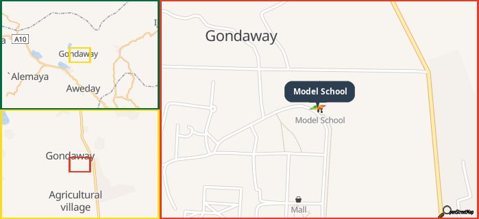 Map showing the address of Model School in three different zoom levels.
