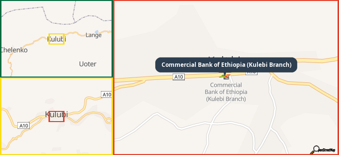 Map showing the address of Commercial Bank of Ethiopia (Kulebi Branch) in three different zoom levels.