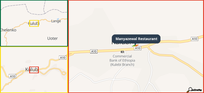 Map showing the address of Manyazewal Restaurant in three different zoom levels.