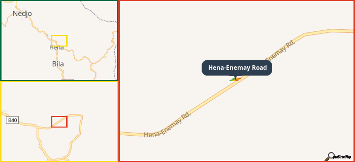 Map showing the address of Hena-Enemay Road in three different zoom levels.