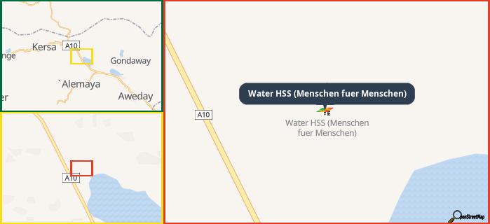Map showing the address of Water HSS (Menschen fuer Menschen) in three different zoom levels.