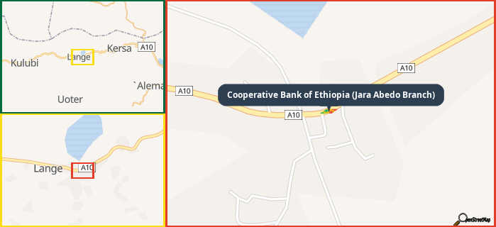 Map showing the address of Cooperative Bank of Ethiopia (Jara Abedo Branch) in three different zoom levels.