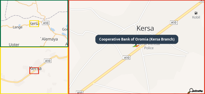Map showing the address of Cooperative Bank of Oromia (Kersa Branch) in three different zoom levels.