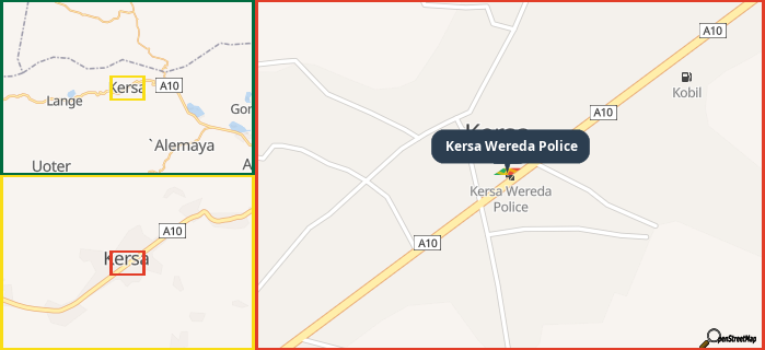 Map showing the address of Kersa Wereda Police in three different zoom levels.