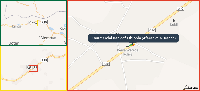 Map showing the address of Commercial Bank of Ethiopia (Afarankelo Branch) in three different zoom levels.