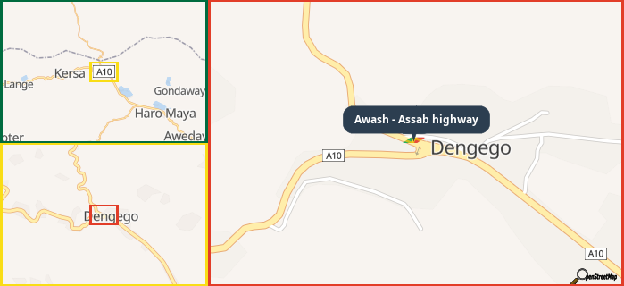 Map showing the address of Awash - Assab highway in three different zoom levels.