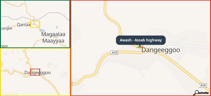 Map showing the address of Awash - Assab highway in three different zoom levels.