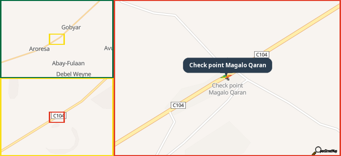 Map showing the address of Check point Magalo Qaran in three different zoom levels.