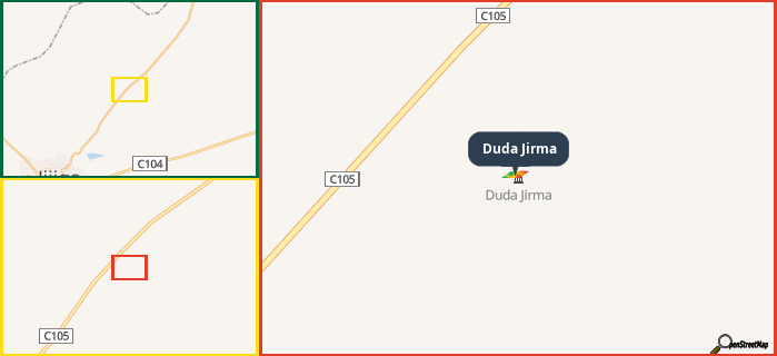 Map showing the address of Duda Jirma in three different zoom levels.