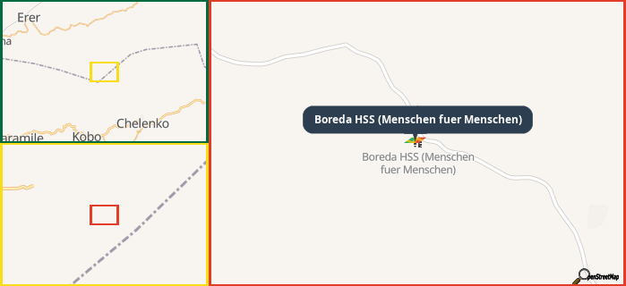 Map showing the address of Boreda HSS (Menschen fuer Menschen) in three different zoom levels.