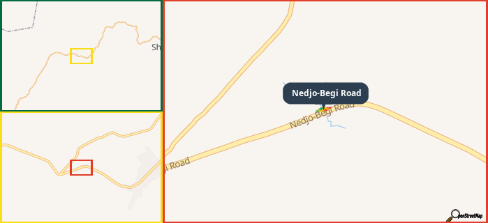 Map showing the address of Nedjo-Begi Road in three different zoom levels.