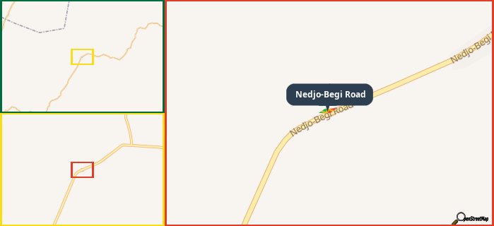 Map showing the address of Nedjo-Begi Road in three different zoom levels.